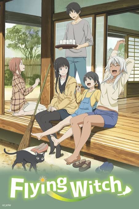 Flying Witch anime poster, a recommended beginner-level anime for Japanese learners